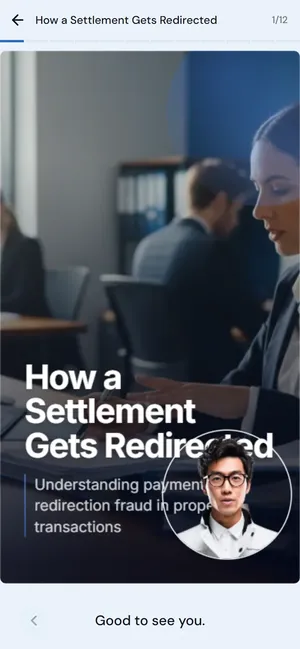 A DefSafe lesson on a phone: How a Settlement Gets Redirected, with the presenter in the corner.