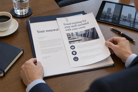 An insurance renewal pack with an insert offering fraud training for the firm's staff.