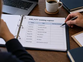 An AML/CFT training register with the completed column left blank, a reviewer pointing at it.